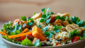 Bowl de salada com proteína e grãos