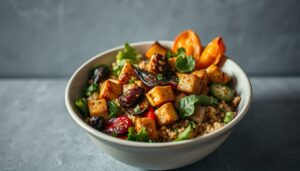 Bowl vegano com tofu grelhado