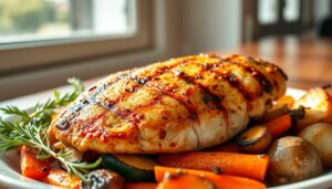 Frango grelhado com legumes assados