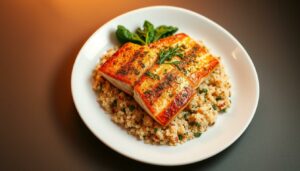 Salmão ao forno com quinoa