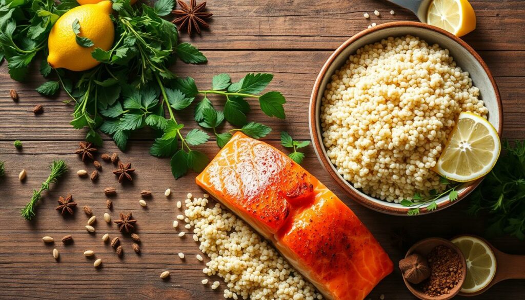 benefícios nutricionais do salmão e quinoa