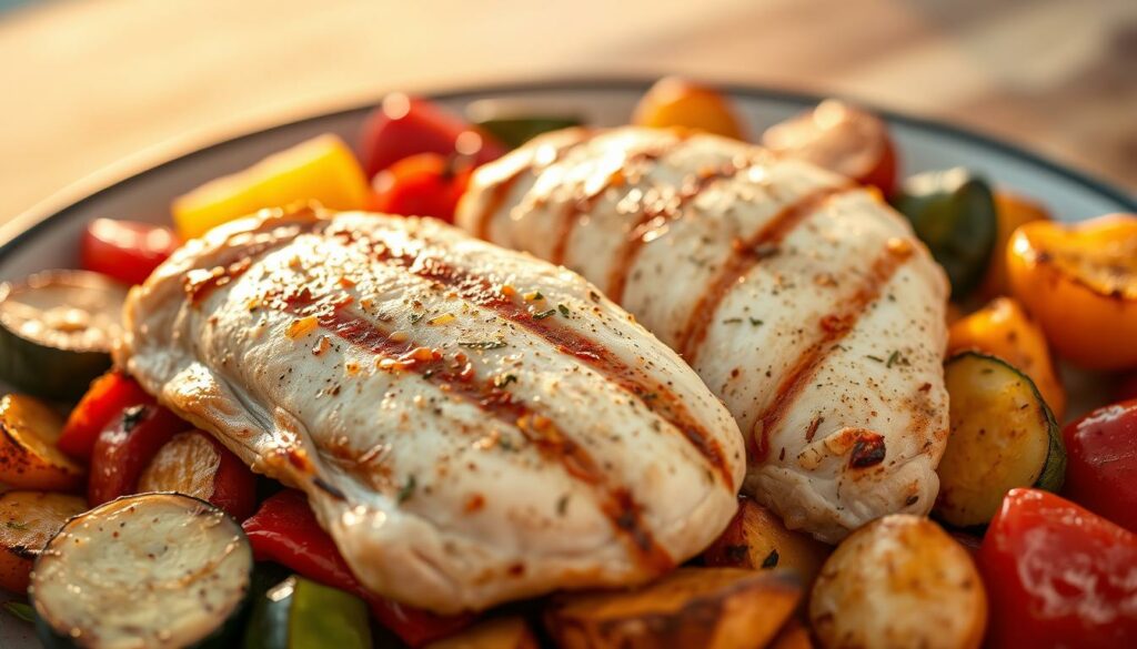 frango grelhado com legumes assados