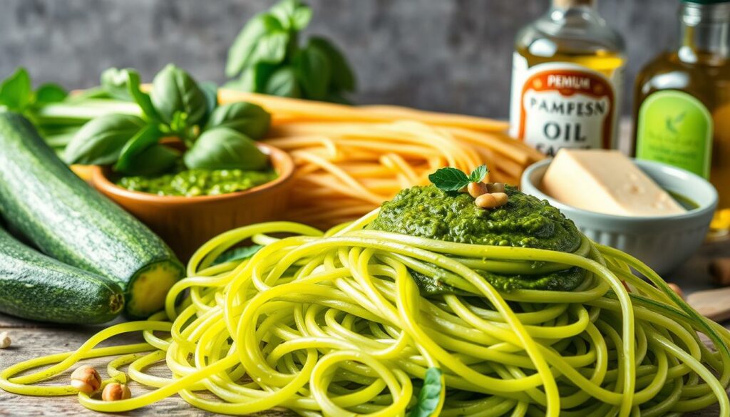 ingredientes para espaguete de abobrinha ao molho pesto