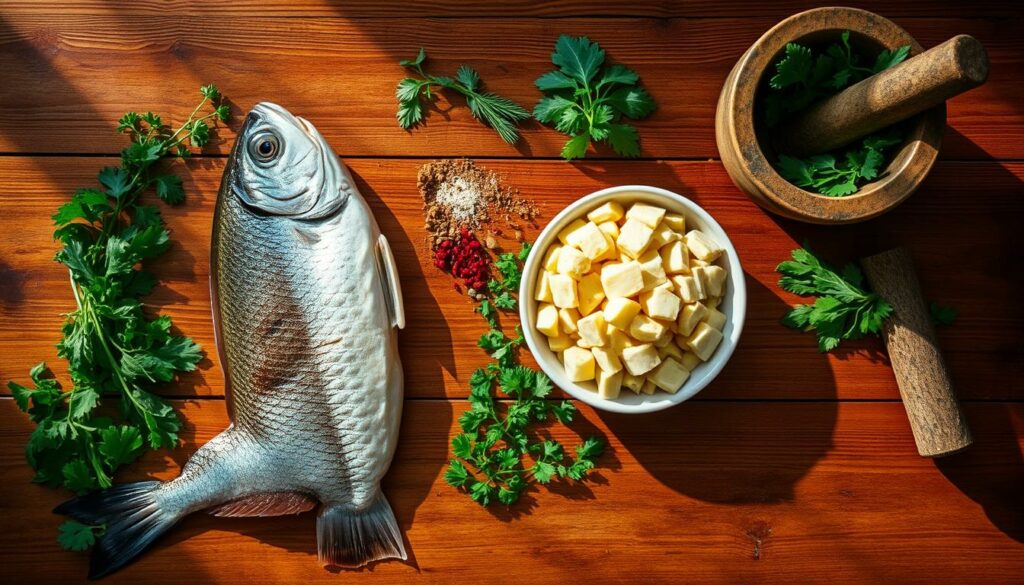 ingredientes para tilápia grelhada e purê de mandioquinha